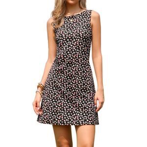 Women's Floral Tank Dress Sleeveless Boat Neck Summer Mini Sundress Black